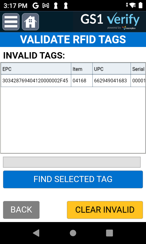 GS1 Invalid Tags Screen
