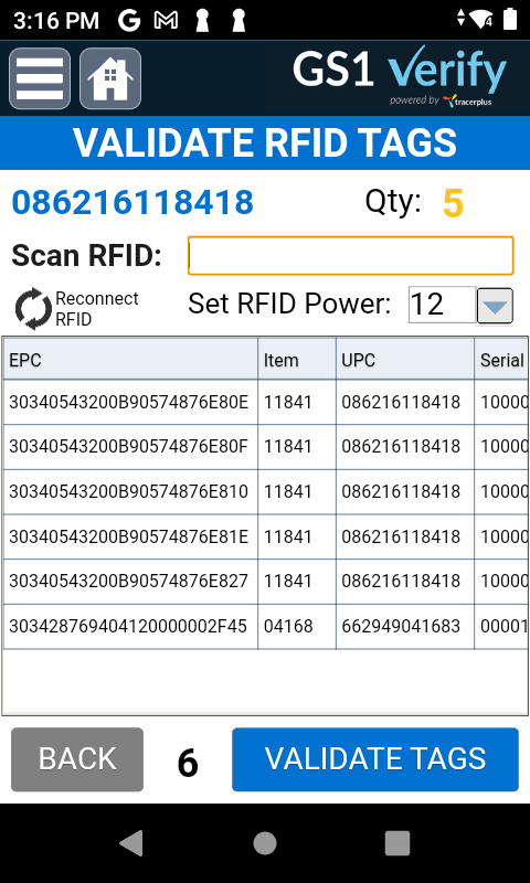 GS1 Scan Tags Screen