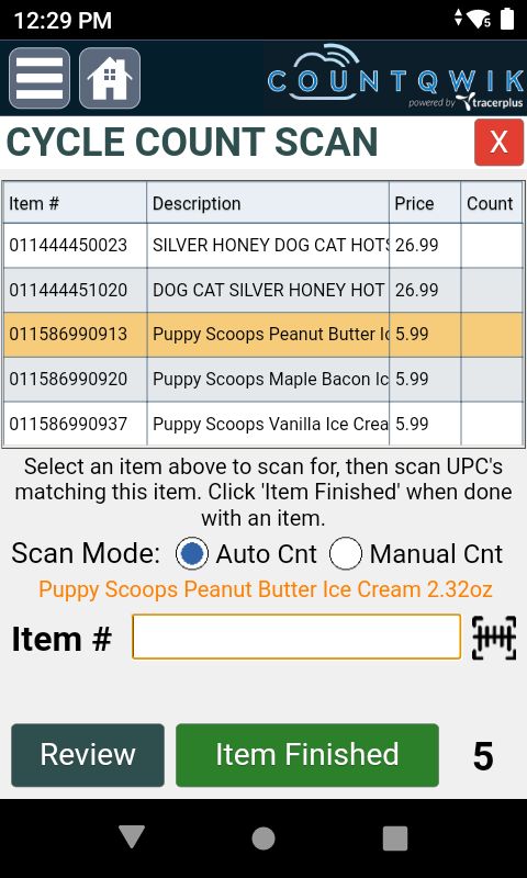 CountQwik Cycle Count Scan Items Screen