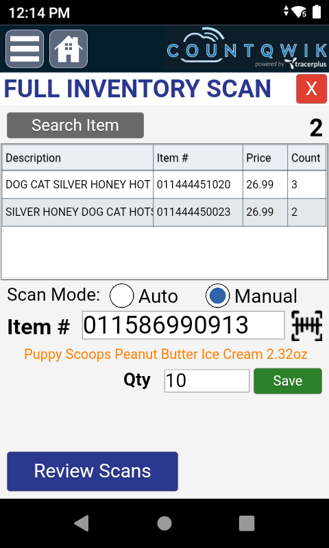 CountQwik Full Inventory Scan Items Screen
